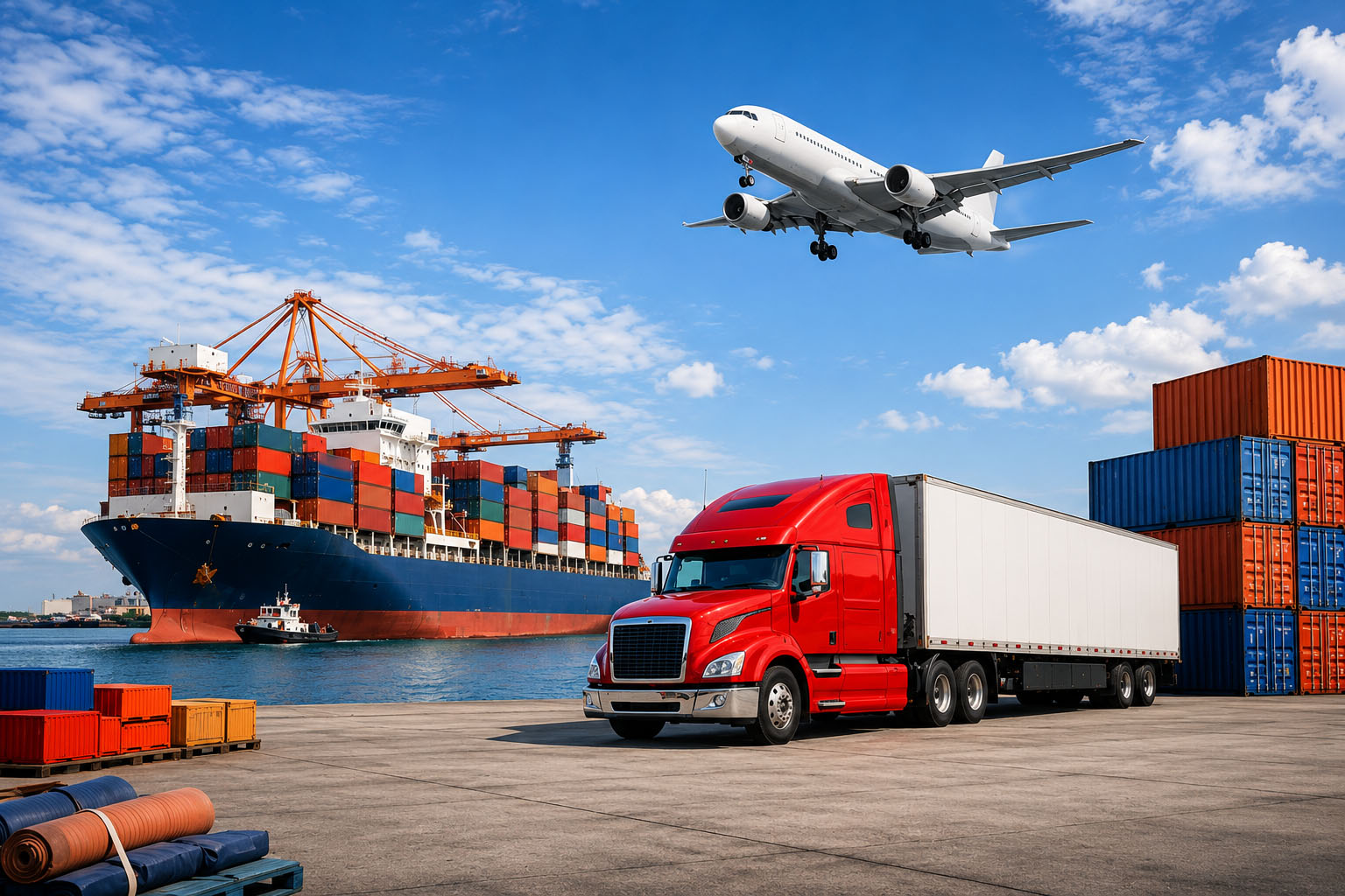 Global shipping, air freight and trucking logistics — container ship, cargo plane and freight truck